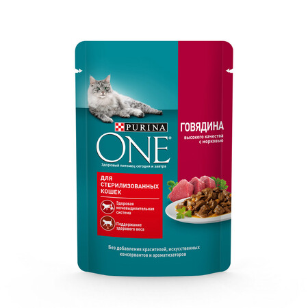 Purina ONE 75 г влажный корм для кошек, для стерилизованных, в соусе с говядиной и морковью